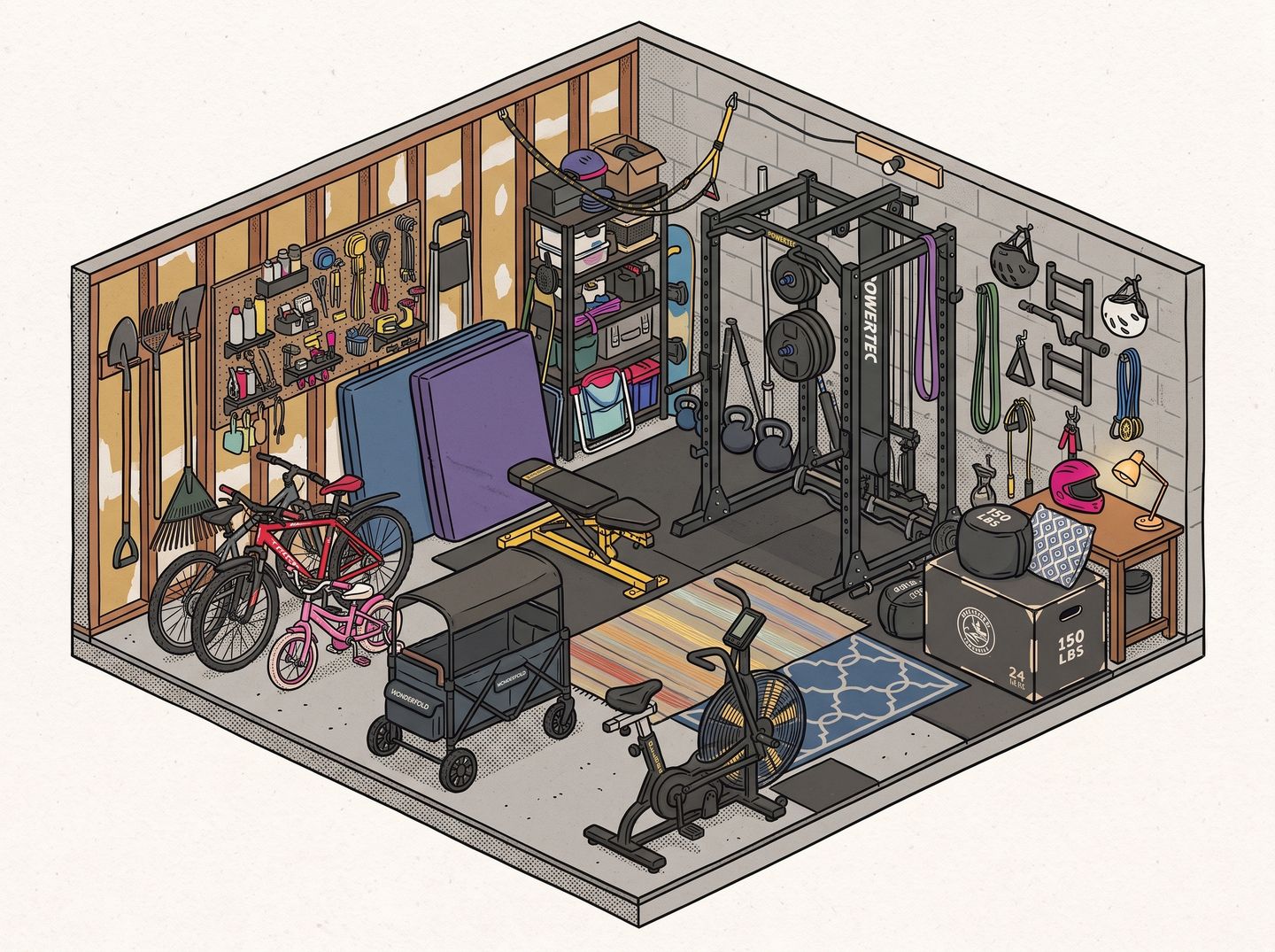 A painting of the garage as a cutaway: a power rack against the block wall with plates
                  and bands, a yellow-framed bench, mats stood on end, an air bike on the rugs, bikes and
                  garden tools along the stud wall.