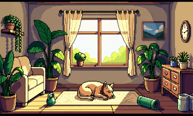 A sunlit corner: a dog asleep in a patch of light, a book left face down on the rug,
        plants trailing from a shelf and standing in pots by the window, a rolled mat and a
        kettlebell against the wall.