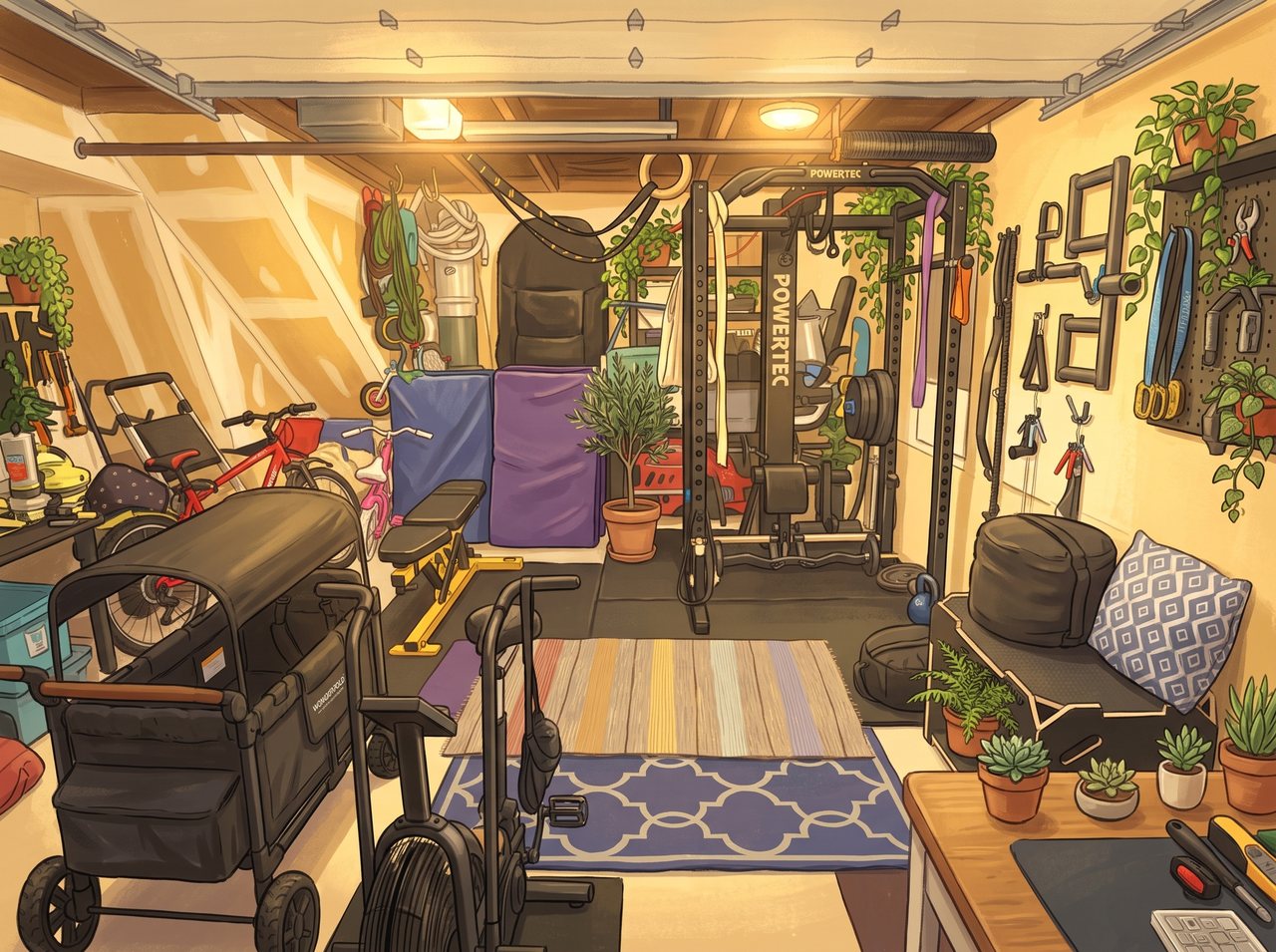 A garage drawn warm and full of light: a power rack against the far wall, folding mats,
        a bench, a wagon and two bikes, plants along the shelves, two rugs on the floor.