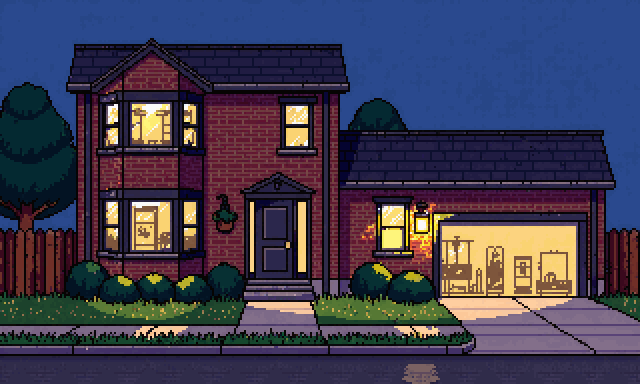 A brick house at golden hour, the garage door rolled open, a lantern lit beside it,
          and a gym warmly lit inside.