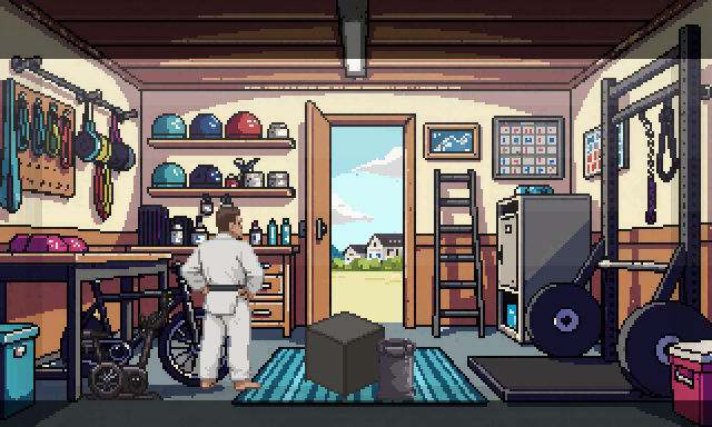 Inside the same garage: daylight through the open door, a bulb lit overhead, a rack
          of plates against the wall, a jump box, a sandbag, an air bike, and a person standing on
          the clear floor.