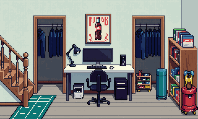 A basement desk: a white desk with a monitor and lamp, a chair, filing cabinets, suits
        on rails either side, a staircase, shelves of boxed games and a kids' play mat.