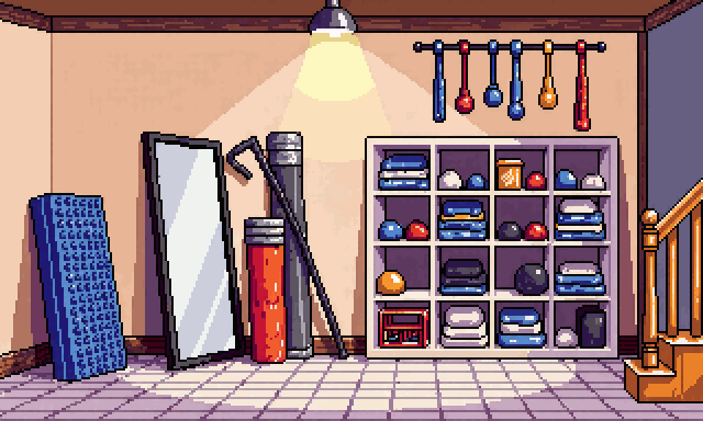 A basement corner: cube shelving loaded with kit, a free-standing full-length mirror,
        foam rollers, a spiked acupressure mat, a hooked massage cane and a staircase.