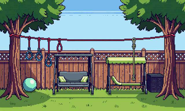 A back garden: a red line strung between two trees carrying gymnastic rings, trapeze
        bars and a rope, a lower line at ankle height, a swing seat and a deck box.