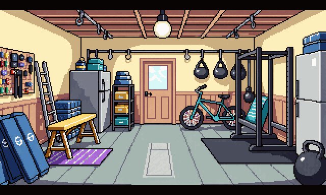 A garage gym: a tool pegboard and folding mats on the left, a power rack and plates on
        the right, a bench, a fridge, a bike, hanging bags, joists and a warm bulb overhead.