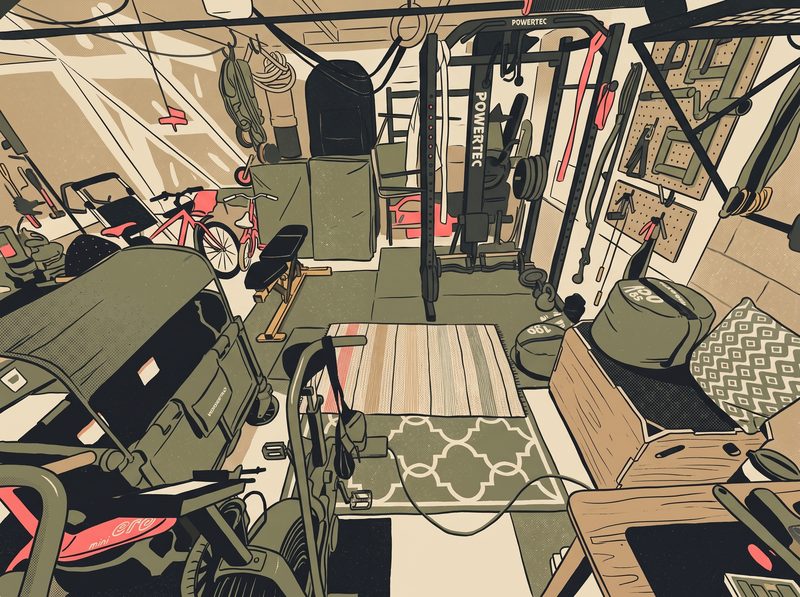 The same garage drawn in editorial.
