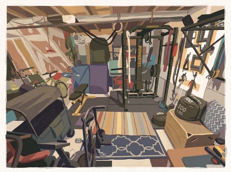 The same garage drawn in gouache.