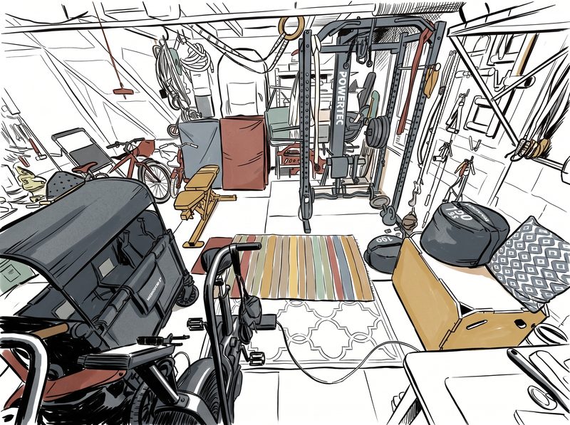 The same garage drawn in ink.