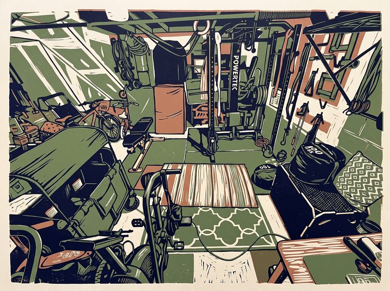 The same garage drawn in linocut.