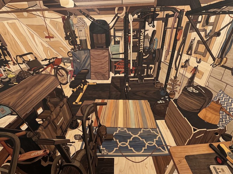 The same garage drawn in marquetry.