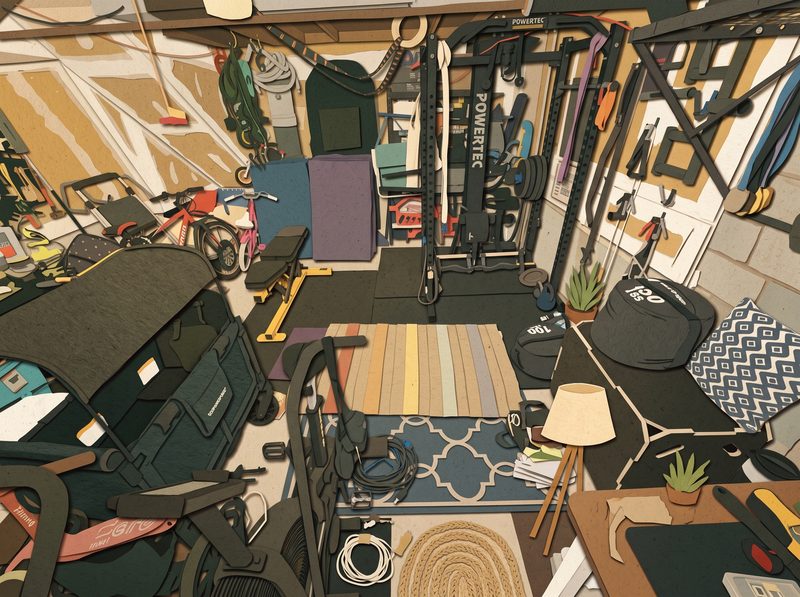The same garage drawn in cut paper.