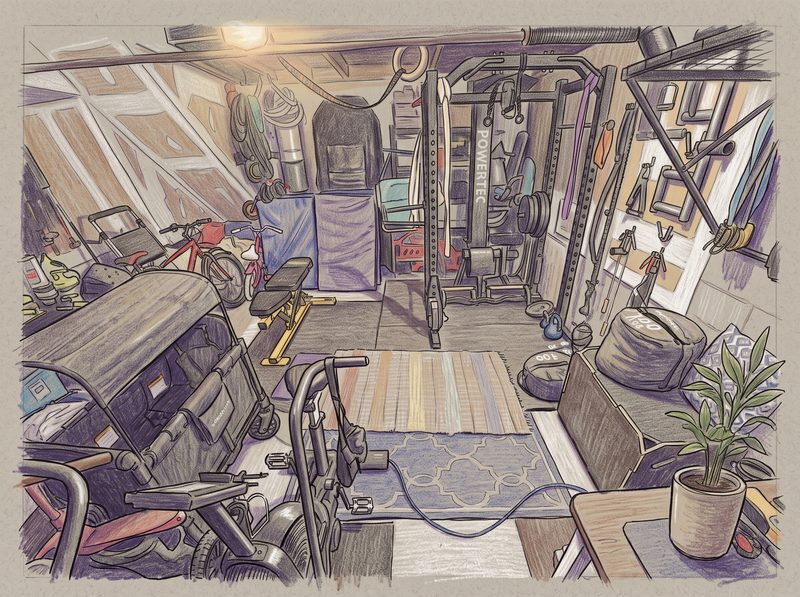 The same garage drawn in pencil.